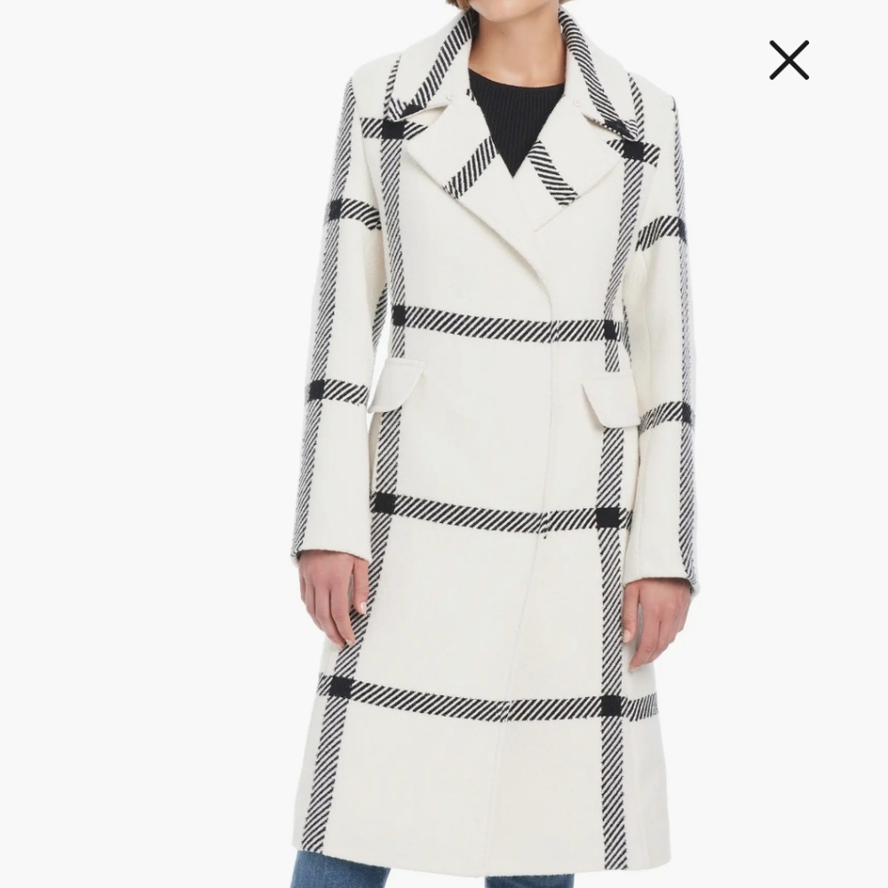 Vince Camuto Cream and Black Plaid Trench Coat